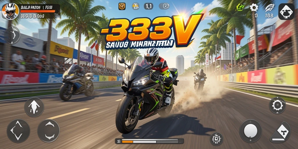 Screenshot utama 333V menampilkan aksi balap motor yang mendebarkan.