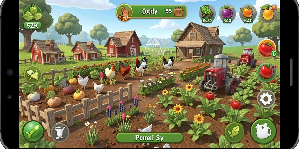 Screenshot gameplay 5ZK yang menampilkan aktivitas bertani dan merawat hewan.