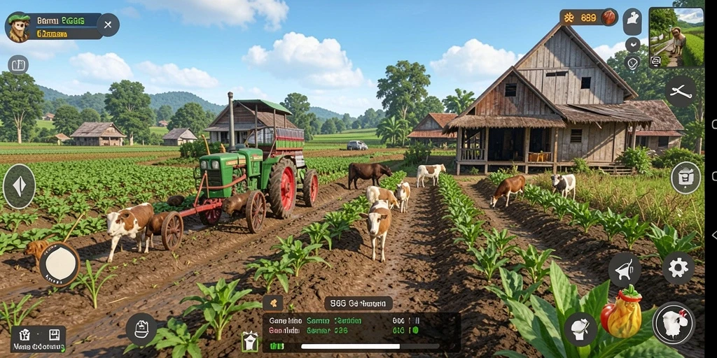 Tampilan gameplay seru dari 8G8G yang menampilkan pertanian aktif.