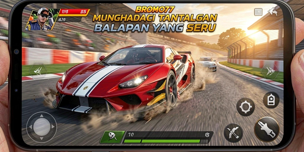 Screenshot utama BROMO77 menampilkan balapan seru di lintasan beragam.