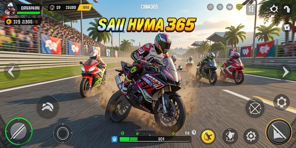 Gameplay seru CINA365 dengan berbagai motor balap.