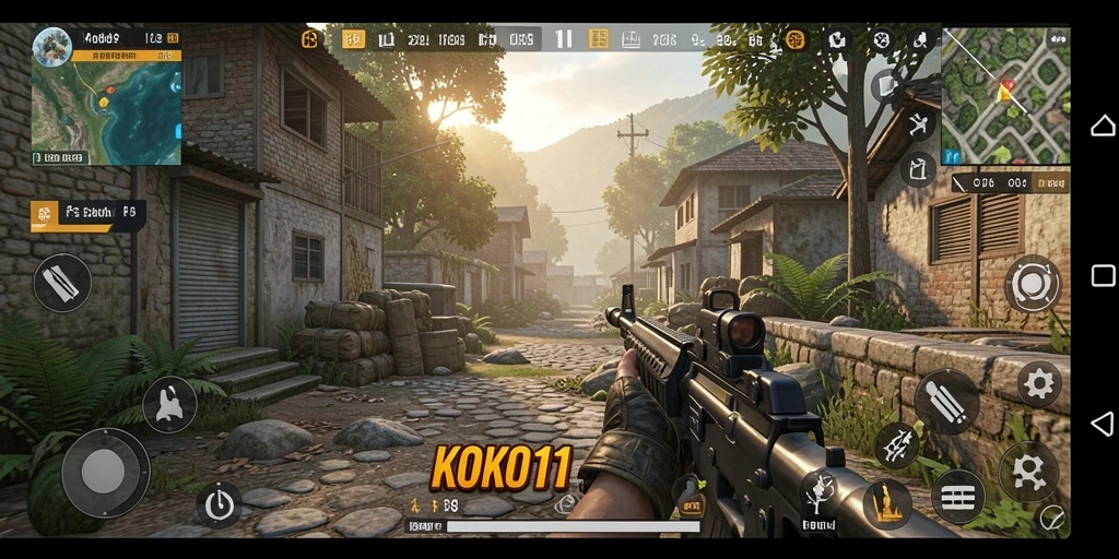 Tampilan gameplay menegangkan dalam KOKO11 dengan aksi FPS yang mendebarkan.