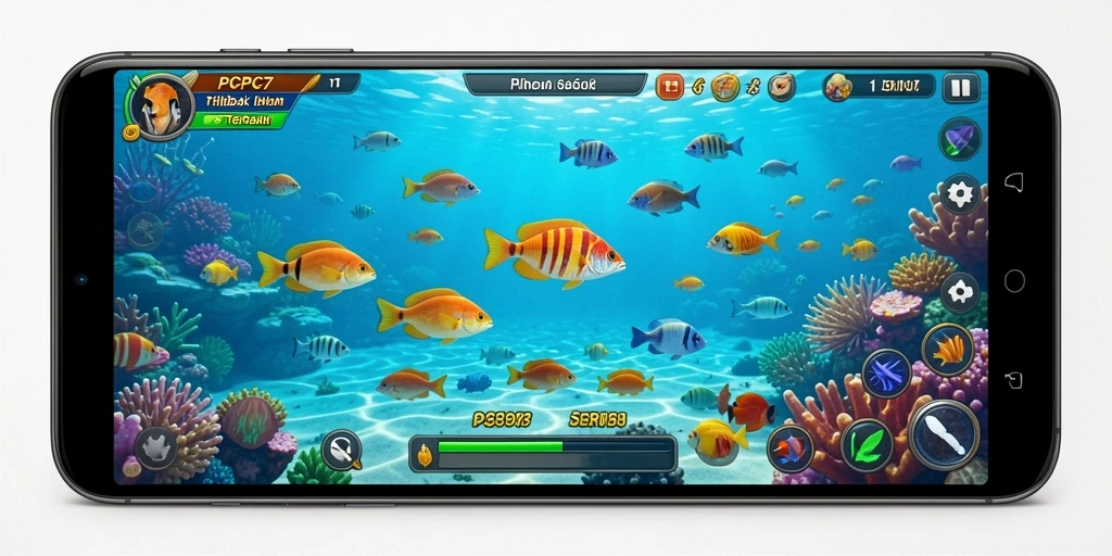Screenshot gameplay PCPC7 menampilkan aksi seru menembak ikan.