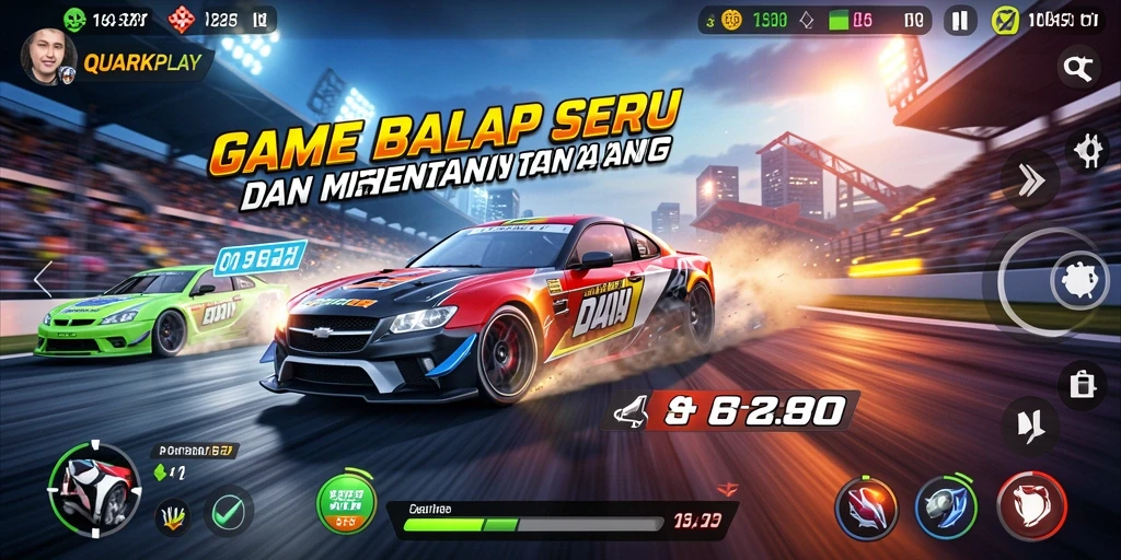 Tampilan gameplay seru dan menegangkan dalam QUARKPLAY dengan aksi balap yang mendebarkan.