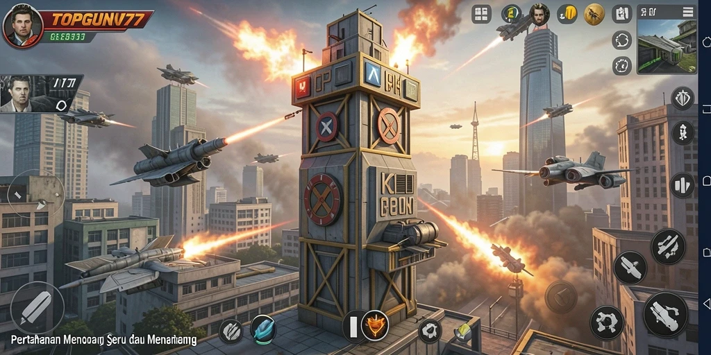 Tampilan gameplay seru dari TOPGUN77 dengan menara yang siap bertempur.